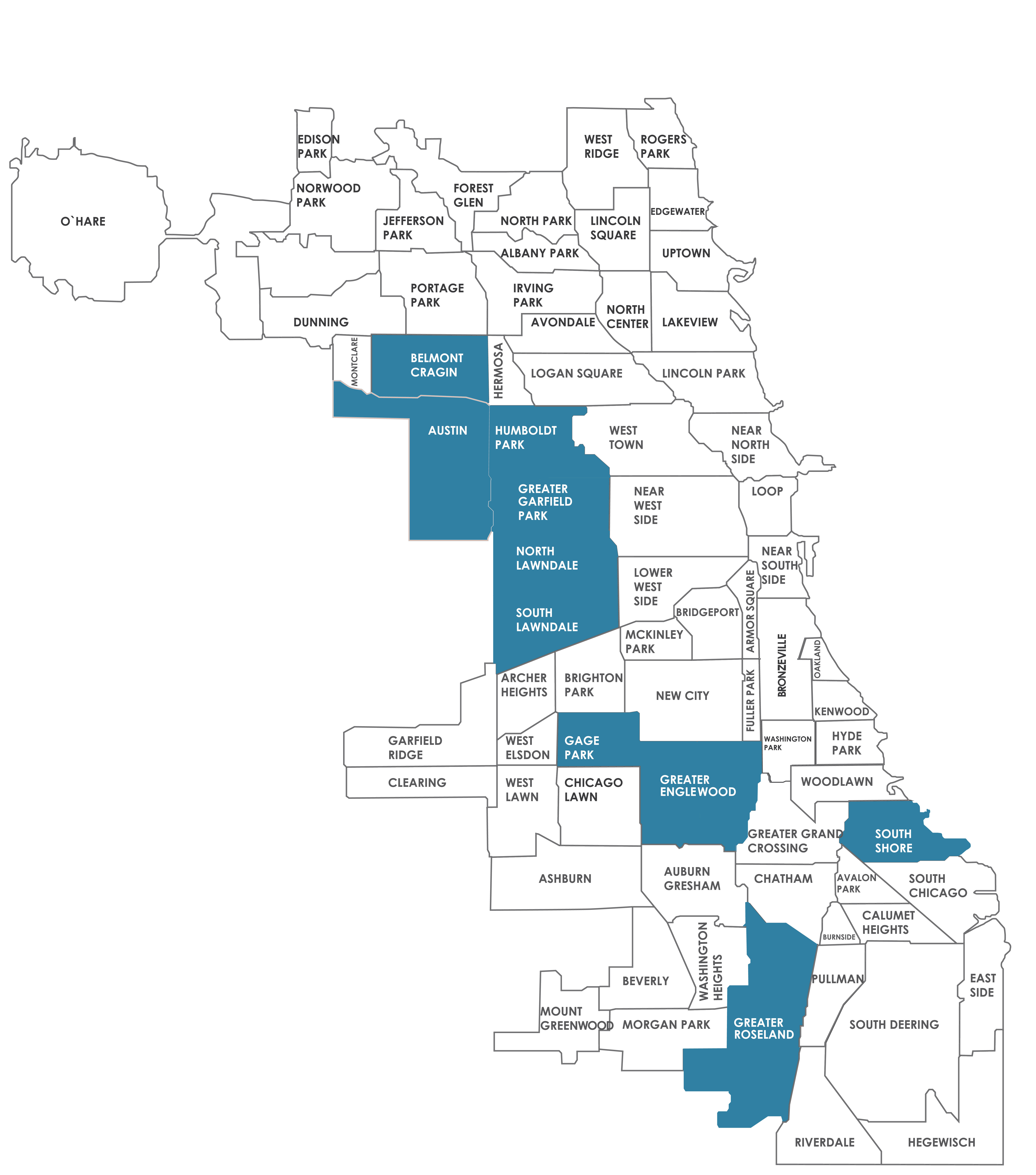Chicago map with neighborhoods shaded in blue