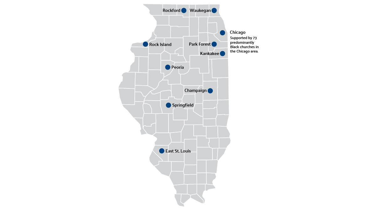 A map of Illinois showing cities with blue dots, highlighting support from Black churches in the Chicago area.