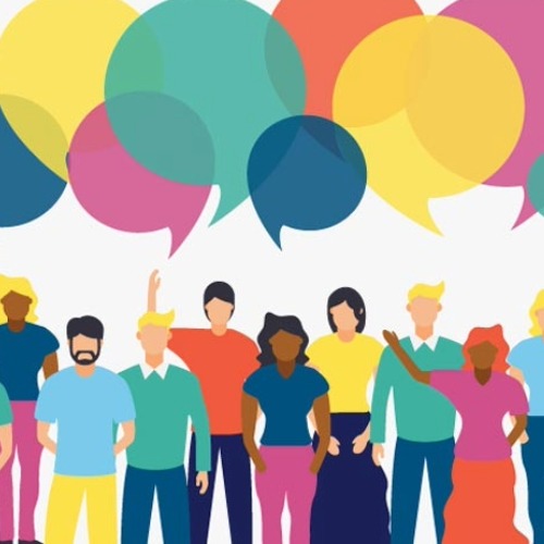 Illustration of diverse people standing together with colorful speech bubbles above their heads.