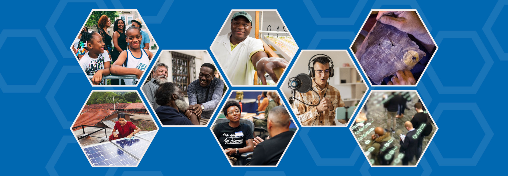 Collage of eight diverse scenes in hexagonal frames set against a blue patterned background.