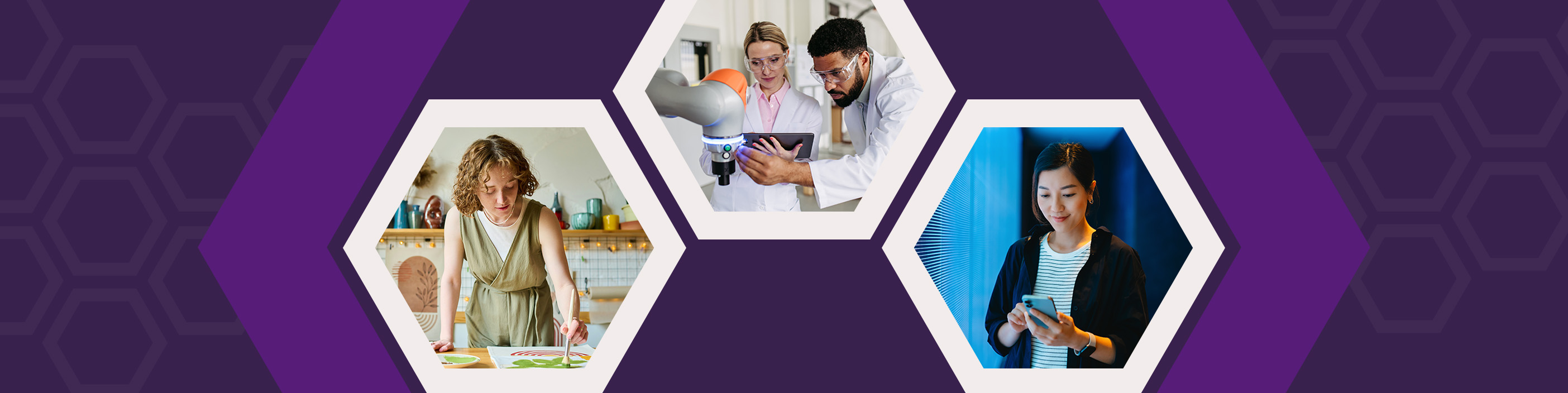 Three hexagons show a chef cooking, two scientists with a robot arm, and a woman using a smartphone, on a purple background.