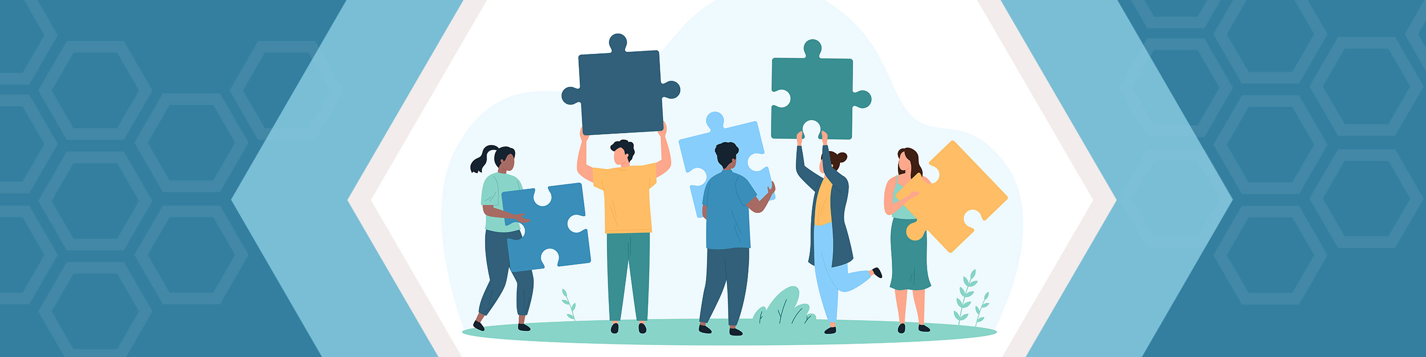 Illustration of five people holding colorful puzzle pieces