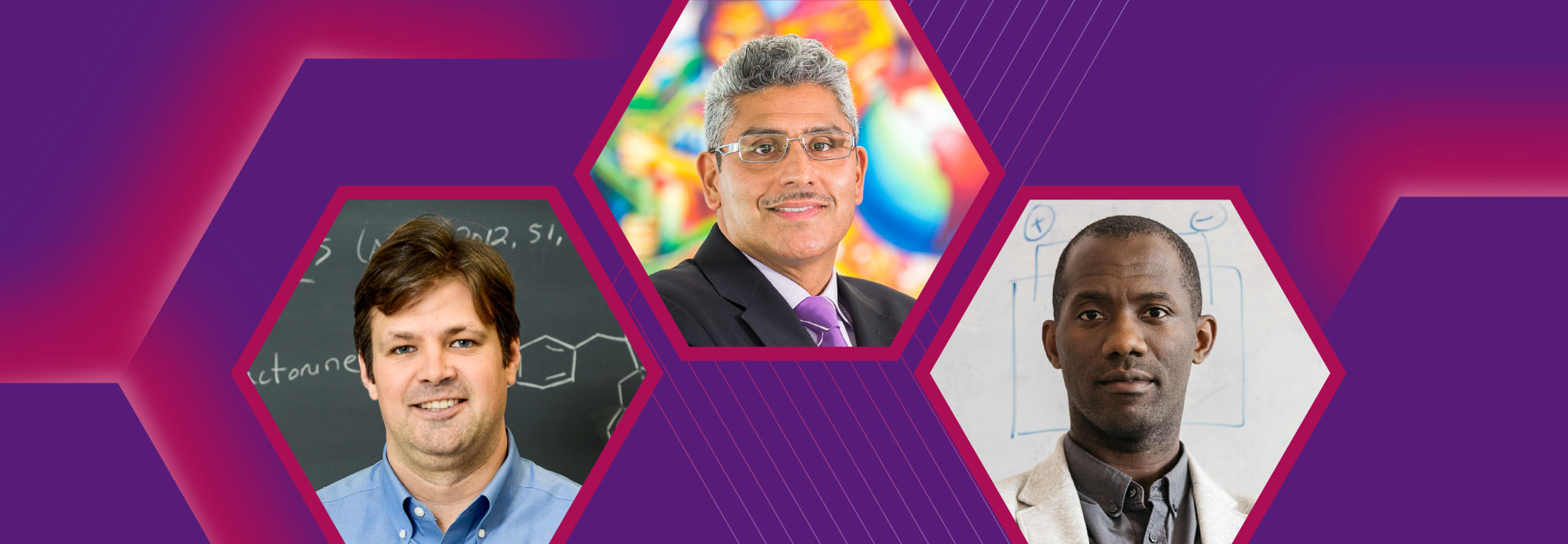 Abstract purple design with red and pink gradients and chevron patterns.